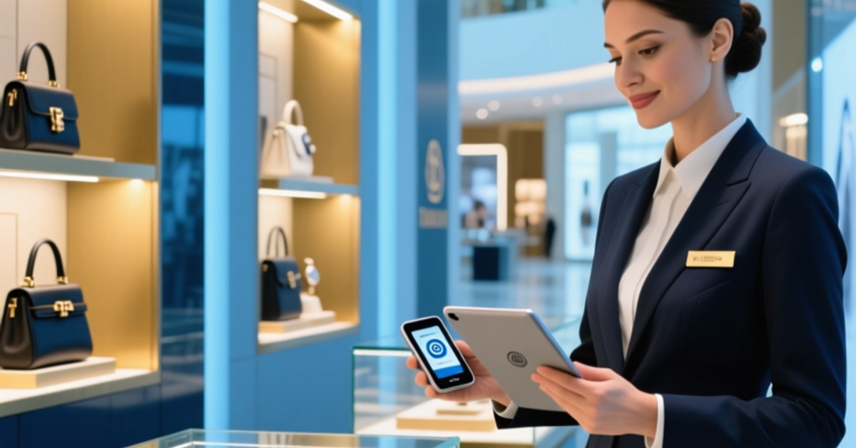 Professional retail setting in Dubai Mall featuring luxury watch display with visible NFC-tagged hang tags and a sales associate demonstrating tap-to-verify on an NFC-enabled tablet