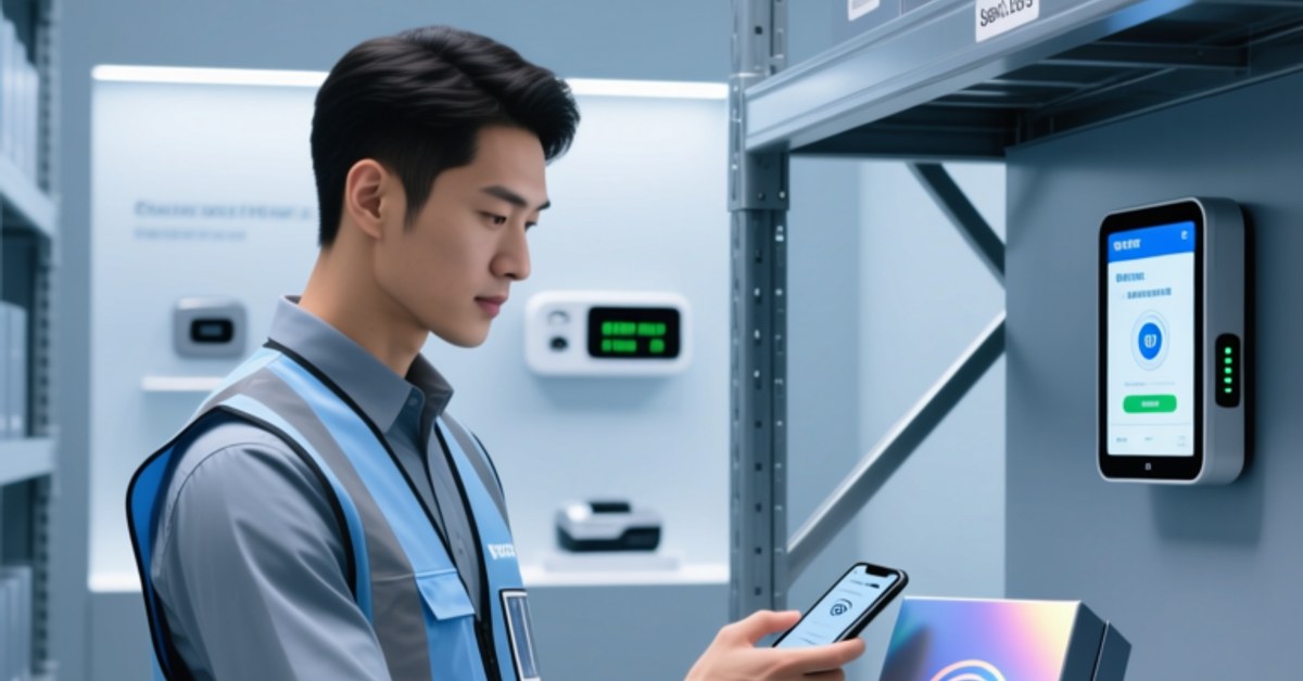 Professional warehouse setting showing NFC authentication in action: worker tapping smartphone on NFC-tagged luxury product box beside hologram-labeled package and serial-numbered label