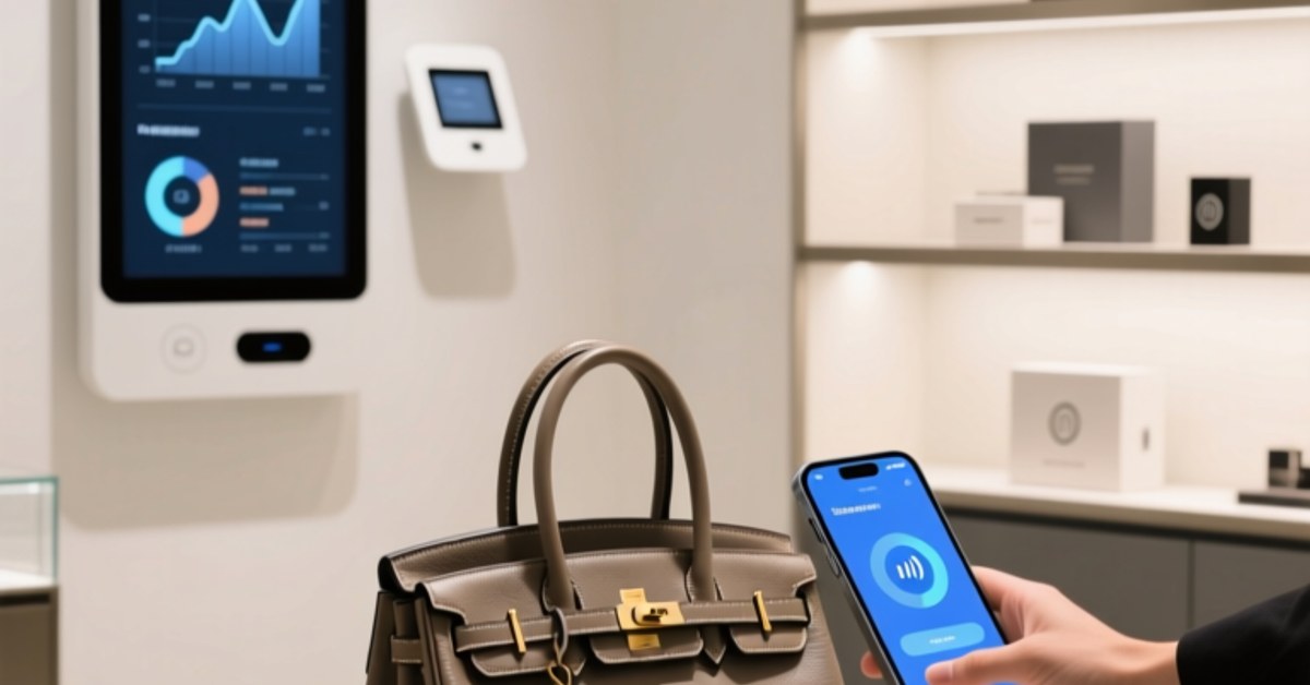 Professional retail environment showing luxury handbag with embedded NFC tag, smartphone tapping it to launch brand experience, clean background with subtle digital interface elements