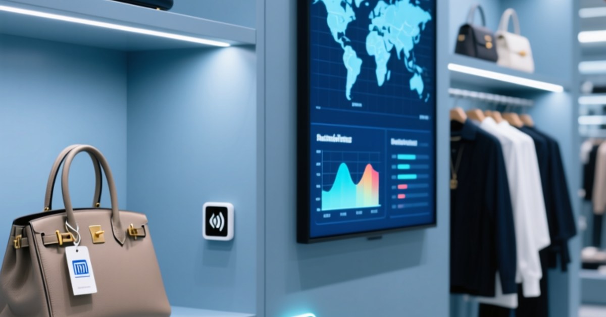 Professional warehouse setting showing RFIDHY NFC tags on luxury goods, handheld NFC scanner in use, digital dashboard displaying real-time authentication heatmap