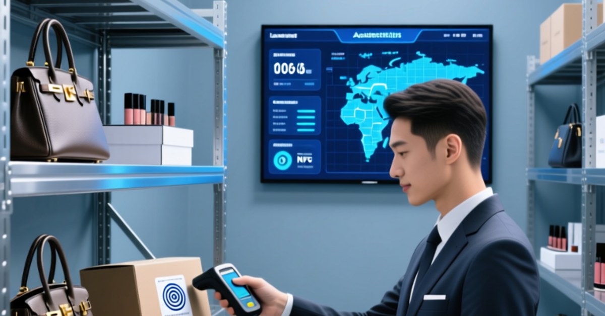Professional warehouse setting with technician using handheld NFC reader to authenticate luxury goods on shelving, with visible NFC tags and digital inventory dashboard