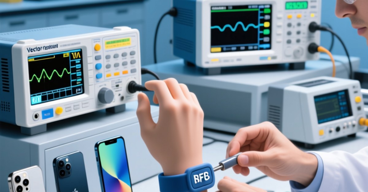 Professional close-up of an engineer testing an NFC silicone wristband on a bench with VNA equipment and reference smartphones