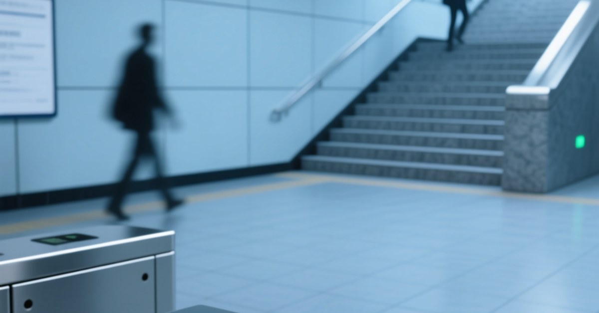 Professional photo of an NFC wristband tapping on a modern transit gate reader in a clean metro station environment