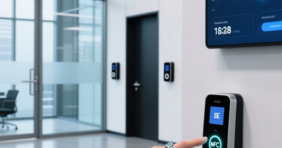 Professional corporate scene showing hands interacting with NFC smart rings near modern access control terminals and digital displays in a clean office environment