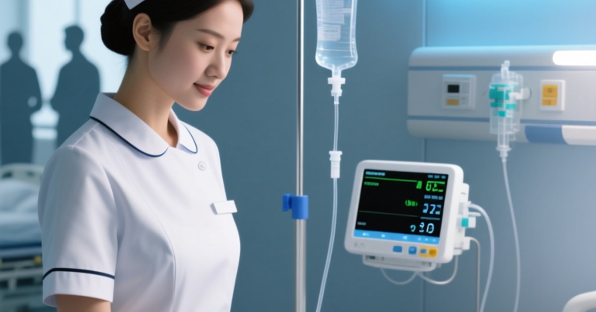 Professional hospital setting showing a nurse using an NFC reader to scan a silicone NFC patient wristband on a patient's arm, with digital health dashboard visible in background