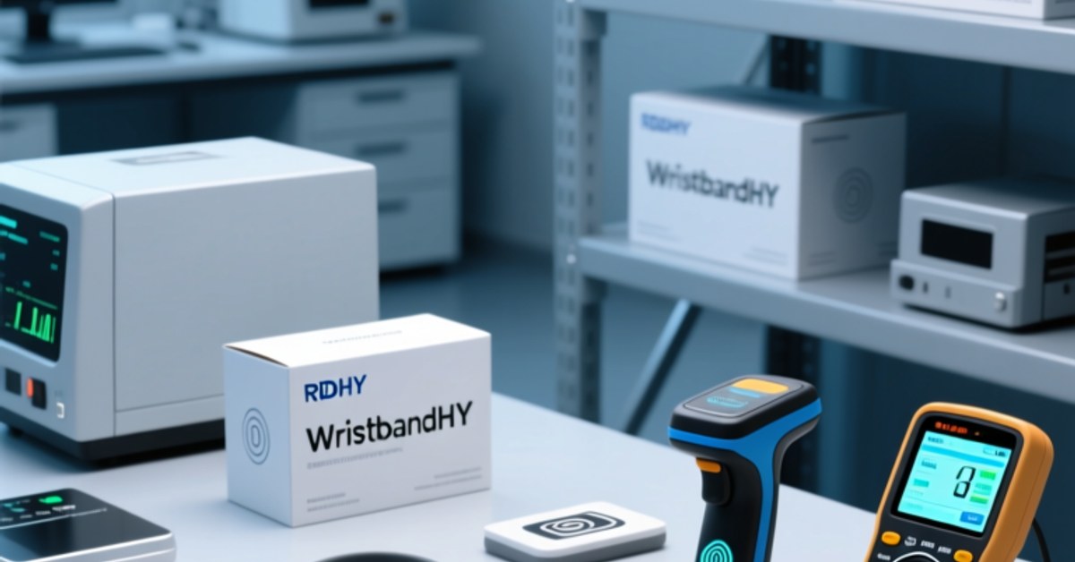 Professional close-up of NFC-enabled silicone wristbands and RFID inlays arranged beside a handheld NFC scanner on a clean industrial workbench
