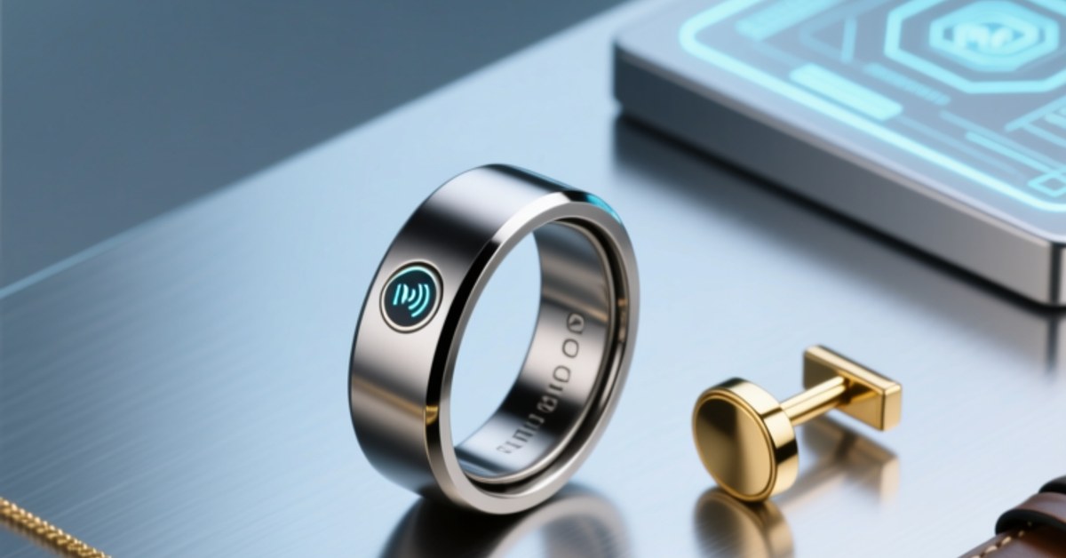 Professional studio shot of NFC-enabled fashion accessories — smart ring, pendant, cufflink, and watchband — arranged on brushed steel surface with subtle digital interface glow
