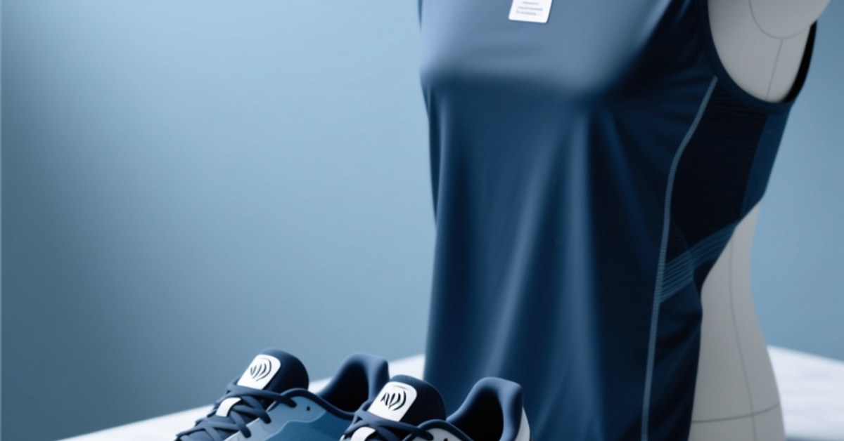 Professional studio shot of NFC-enabled sports gear: smart running shoes, a connected jersey on a mannequin, and NFC wristbands arranged on a clean blue-gray surface with subtle tech lighting