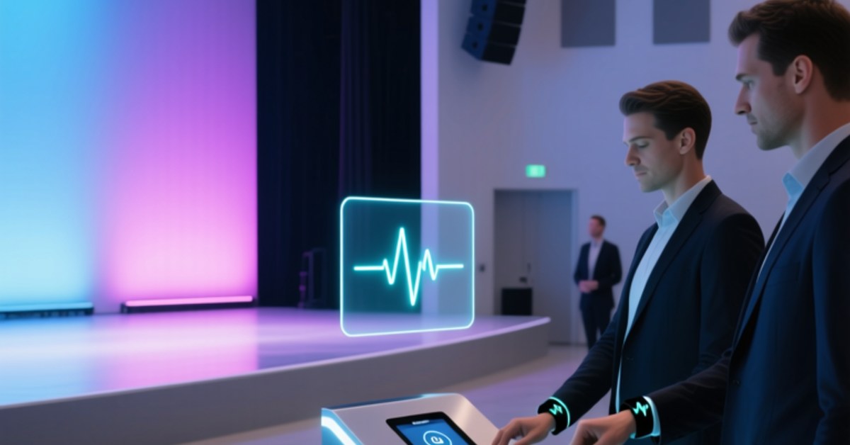 Modern concert venue interior showing attendees wearing glowing NFC wristbands while tapping a reader for entry, with colorful stage lights in the background; professional corporate event photography.