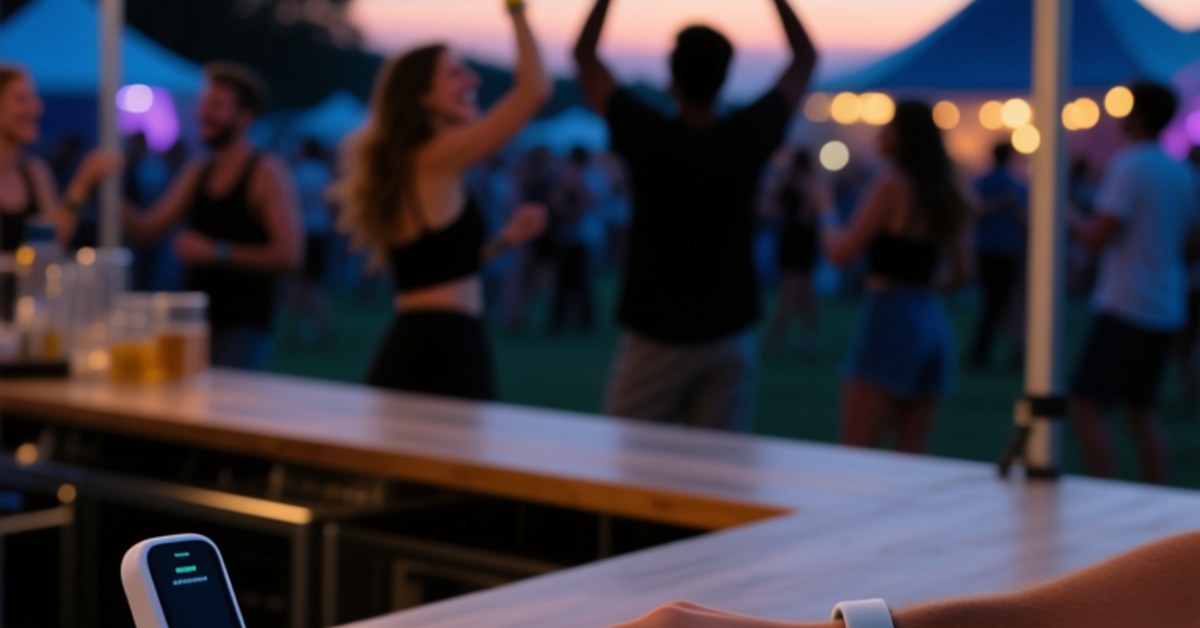 NFC event wristbands and cashless payment terminal in a crowded festival evening setting