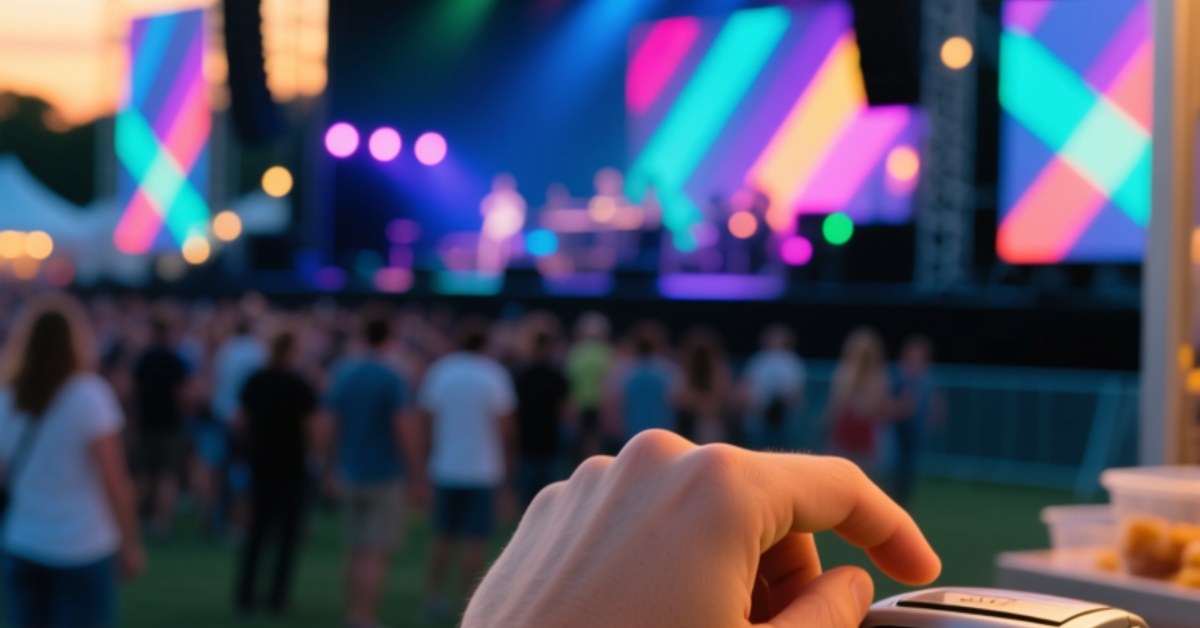 CasestudietlNFC Cashless Wristbands på en 50.000-personers musikfestival i USAmed fokus på den sikre tap-and-go-transaktion NFC cashless wristband being scanned at a crowded music festival in the USA, with a focus on the secure tap-and-go transaction
