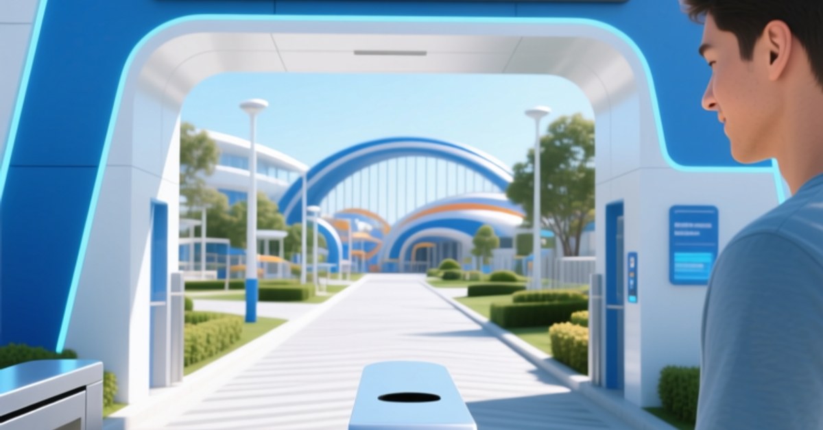 NFC in FreizeitparksmbBereitstellung nahtloser Magie und operativer Exzellenztpark für einen reibungslosen Gästezugang NFC wristbands scanning at a modern theme park turnstile for seamless guest entry