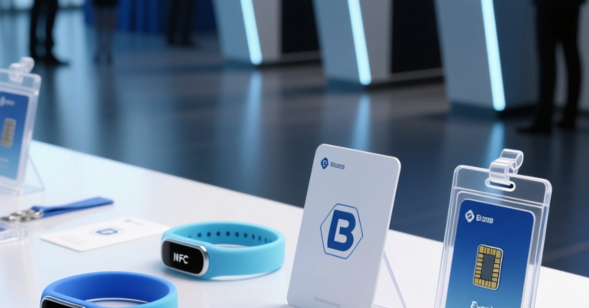 Comparaison côte à côte des bracelets événementiels NFC, cartes, et badges sur un comptoir d'inscription avec un éclairage d'entreprise tamisé.