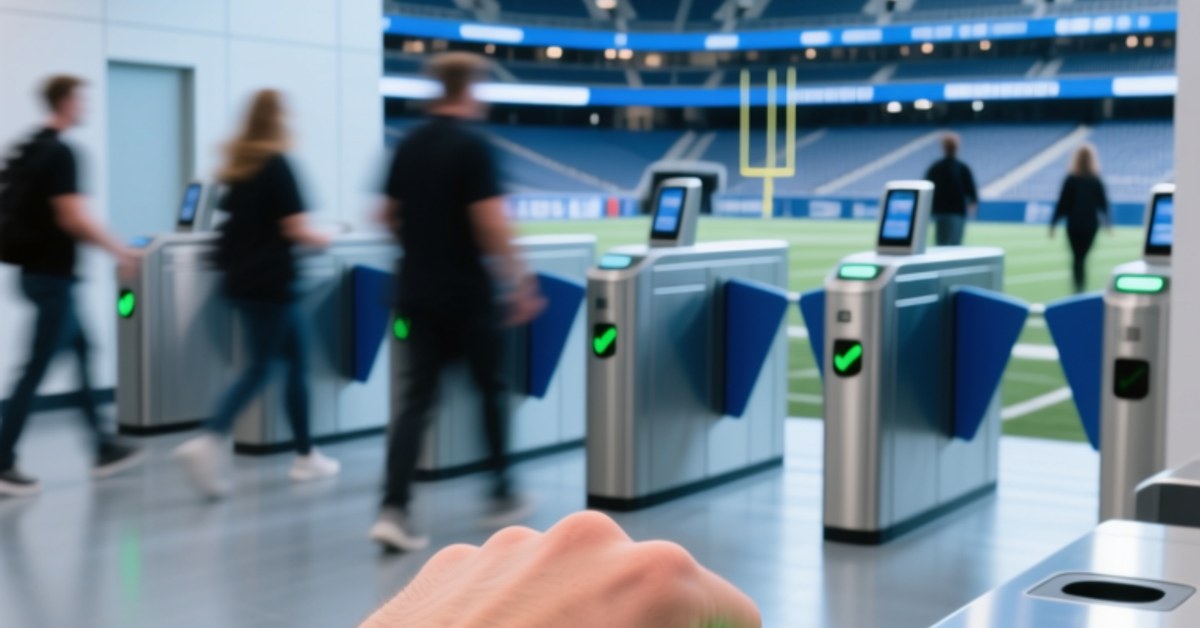 Des supporters tapant sur des bracelets NFC sur un tourniquet de stade de football moderne pour une entrée sans contact