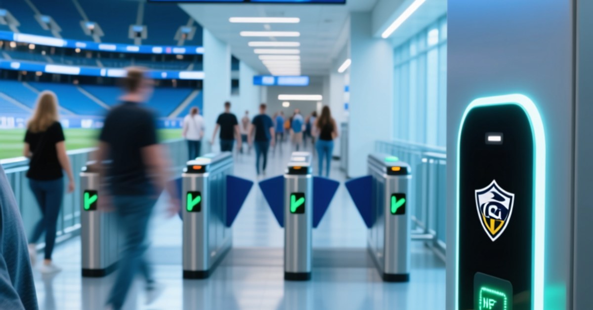 Fan tapant sur un bracelet NFC à l'entrée d'un stade avec un environnement technologique professionnel d'entreprise