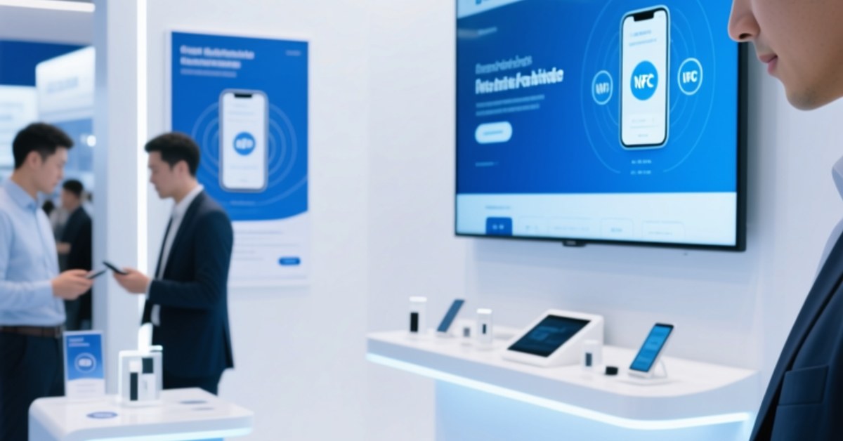 Stand de salon professionnel avec des participants tapant sur leurs smartphones sur des écrans de produits et des bracelets interactifs compatibles NFC