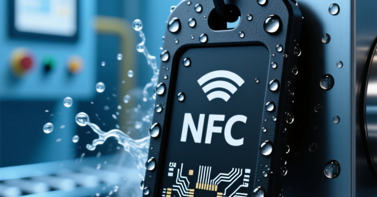 Robusto tag NFC industriale spruzzato con acqua per dimostrare la resistenza all'acqua in un ambiente di fabbrica