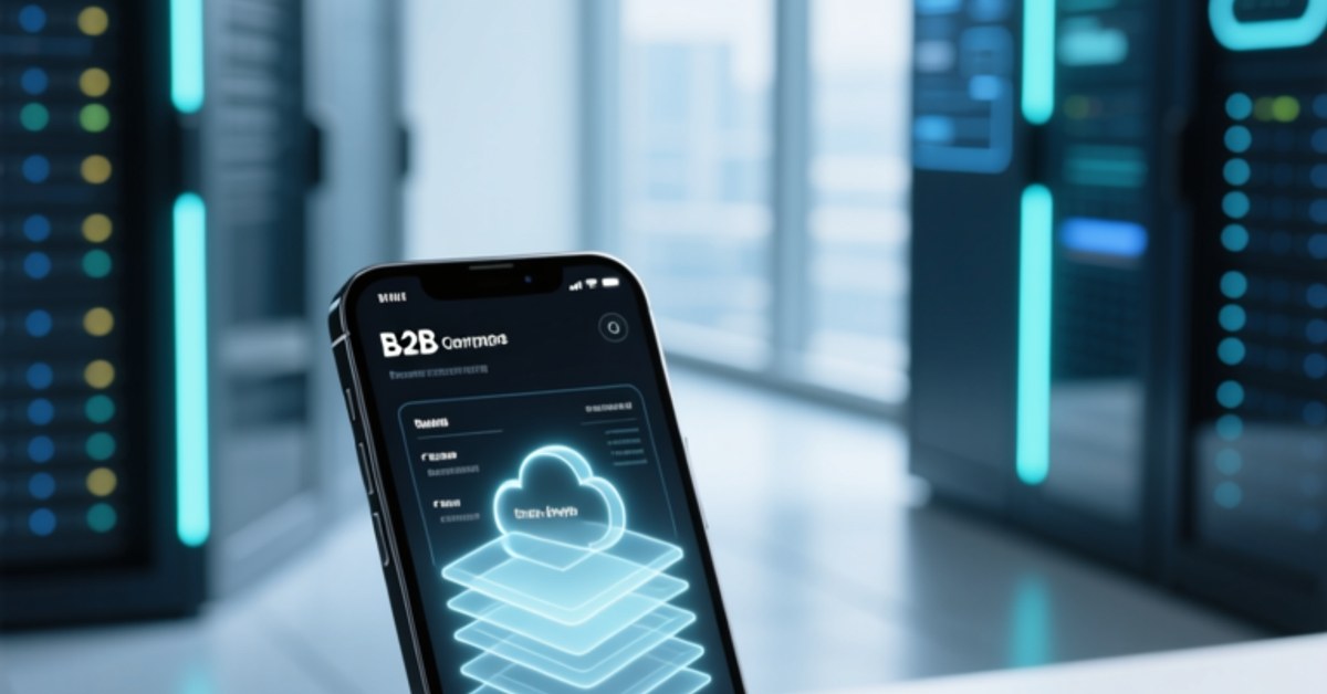 A hand holding a smartphone tapping an NFC tag on a product, with digital holographic information overlaying physical object in modern office setting
