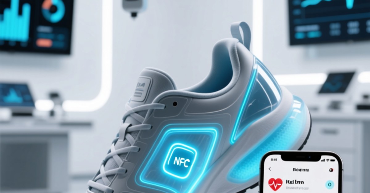 NFC chip embedded in sports shoe sole with connected smartphone displaying fitness data
