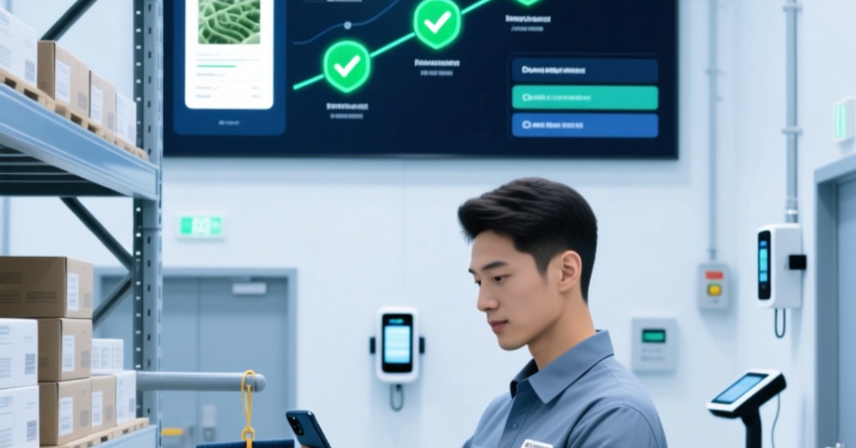 NFC chip on a product label being scanned by a smartphone, revealing a Digital Product Passport with supply chain data on a digital screen in a modern warehouse