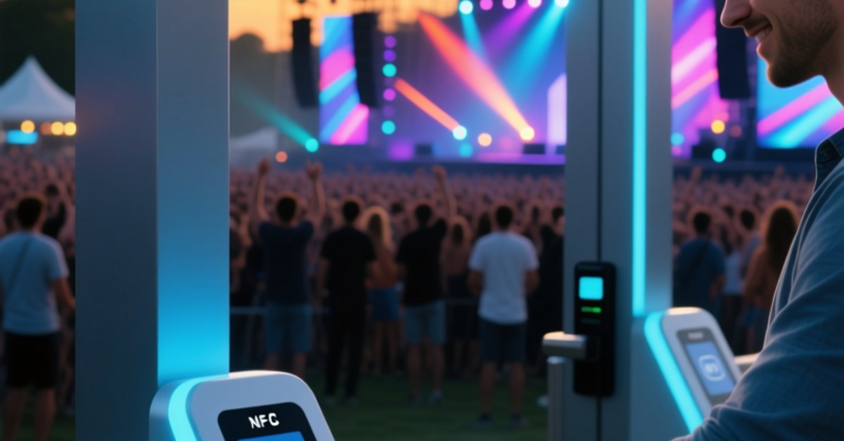 NFC wristband being tapped at a venue entry gate, demonstrating NFC event management and access control