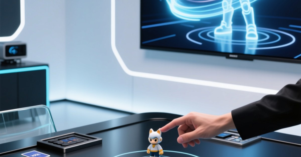 NFC gaming smart objects on interactive board game with digital screen background