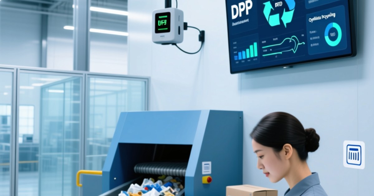 NFC-based circular economy illustration showing product with digital passport tag, recycling symbols, and industrial automation