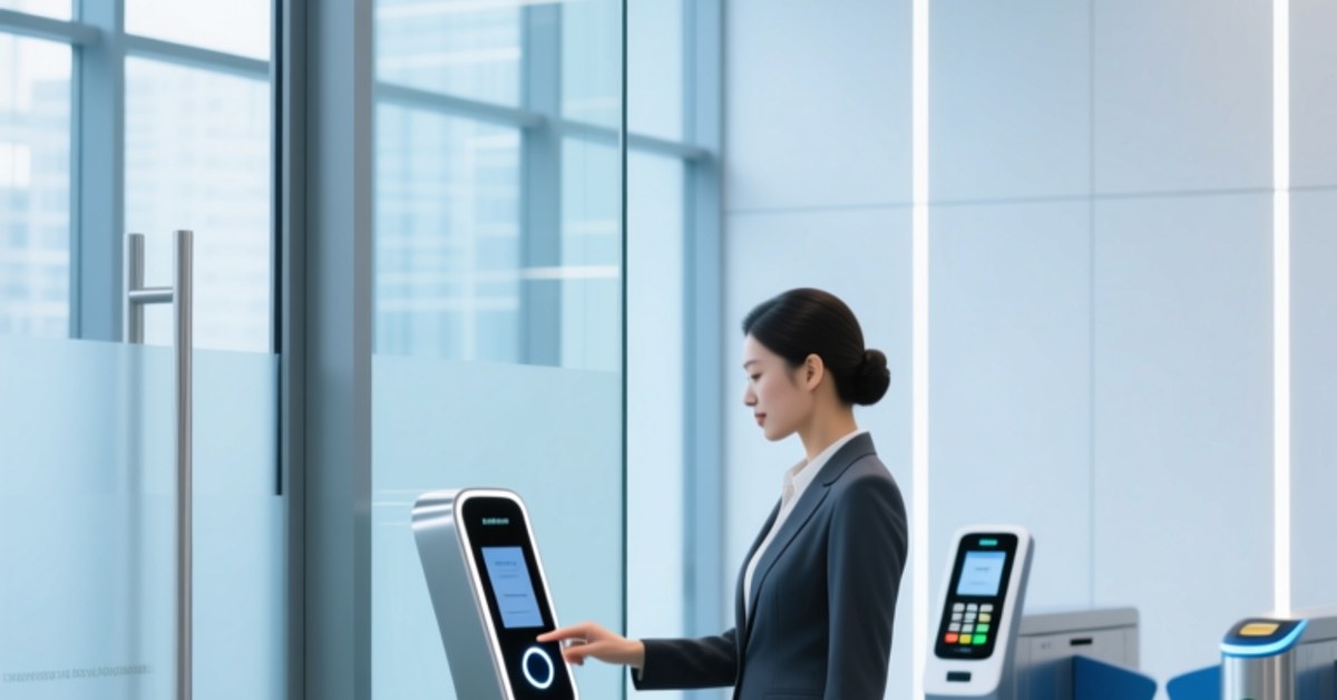 NFC ring being tapped on a payment terminal and access reader, highlighting wearable identity and contactless interaction in a modern office setting