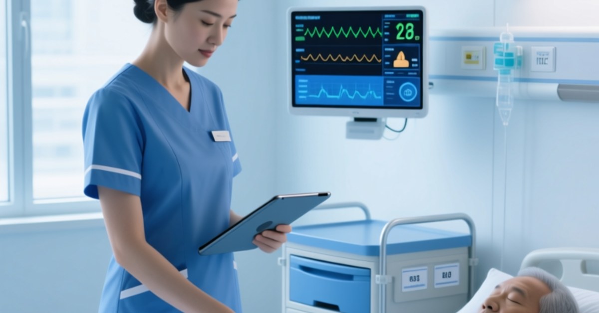 NFC patient wristband being scanned by a healthcare professional with a tablet in a modern hospital room