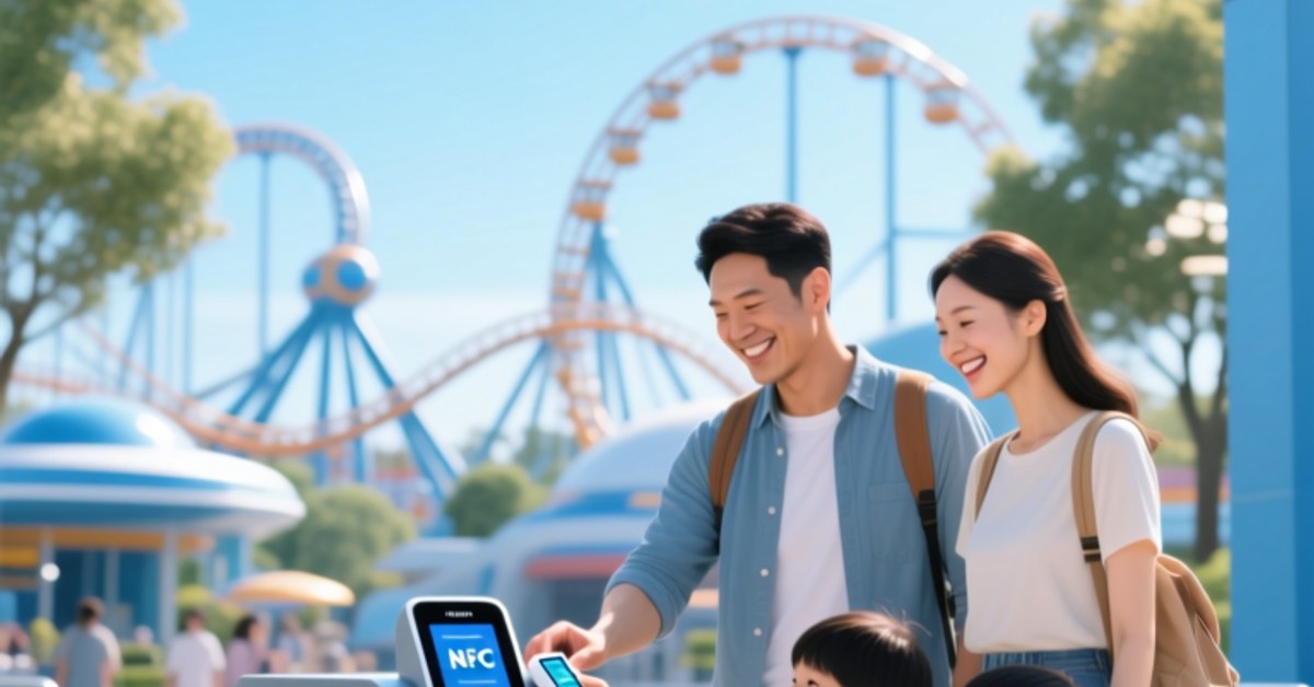 Family happily tapping NFC wristbands at a theme park entrance turnstile under bright sunshine