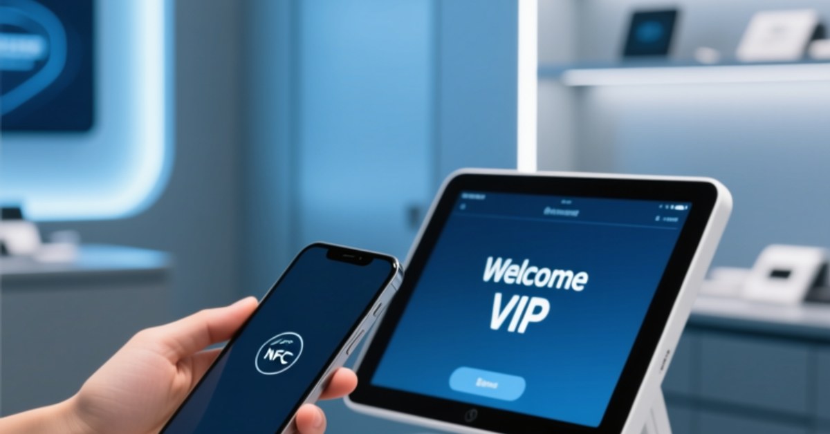 Customer tapping NFC wristband at scanner to join loyalty program in modern retail store