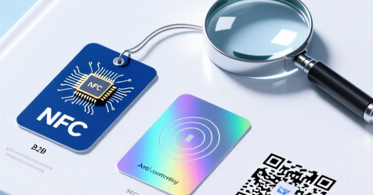 Comparison of NFC tag, hologram label, and QR code on a product packaging surface under a magnifying lens