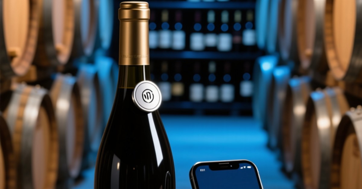 NFC tag integrated into a luxury wine bottle neck seal being scanned by a smartphone for real-time authenticity verification in a modern cellar.