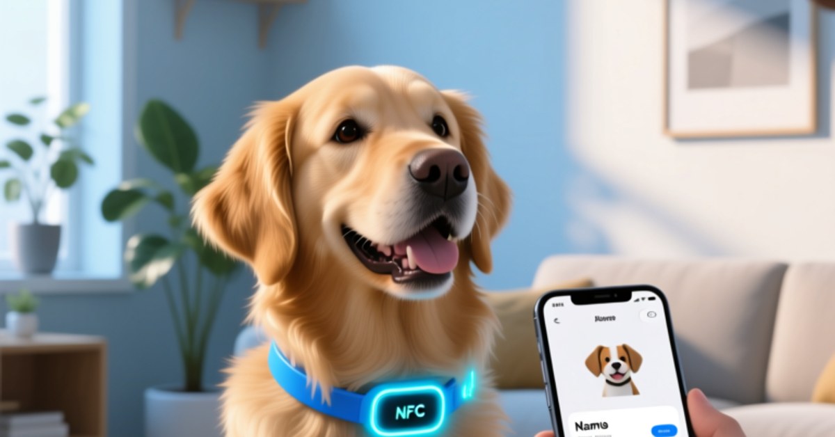 NFC smart pet collar shown on a dog, with a smartphone tapping the tag to display owner contact on screen