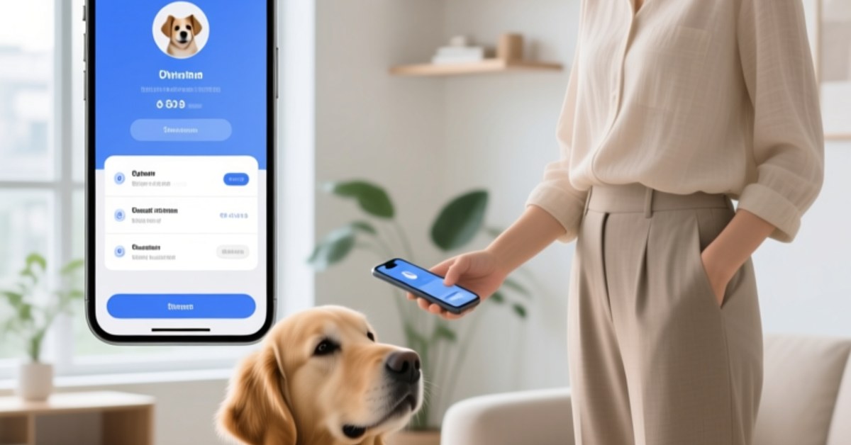 NFC smart pet tag on a dog collar being scanned by a smartphone for digital identity verification in a bright modern home