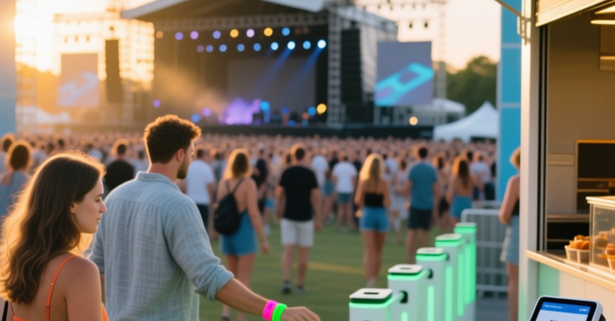 Crowd at a music festival with attendees tapping NFC wristbands on entry gate readers, symbolizing cashless access and payment technology.