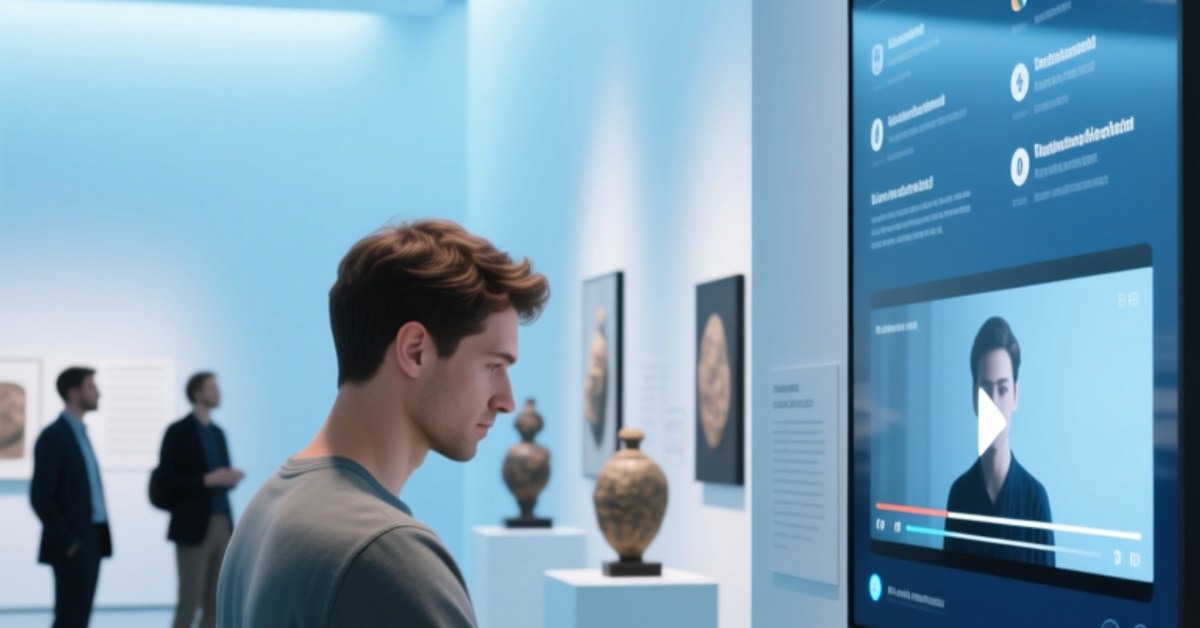 Visitor tapping an NFC tag on a museum exhibit with smartphone, modern gallery with digital art display and soft lighting