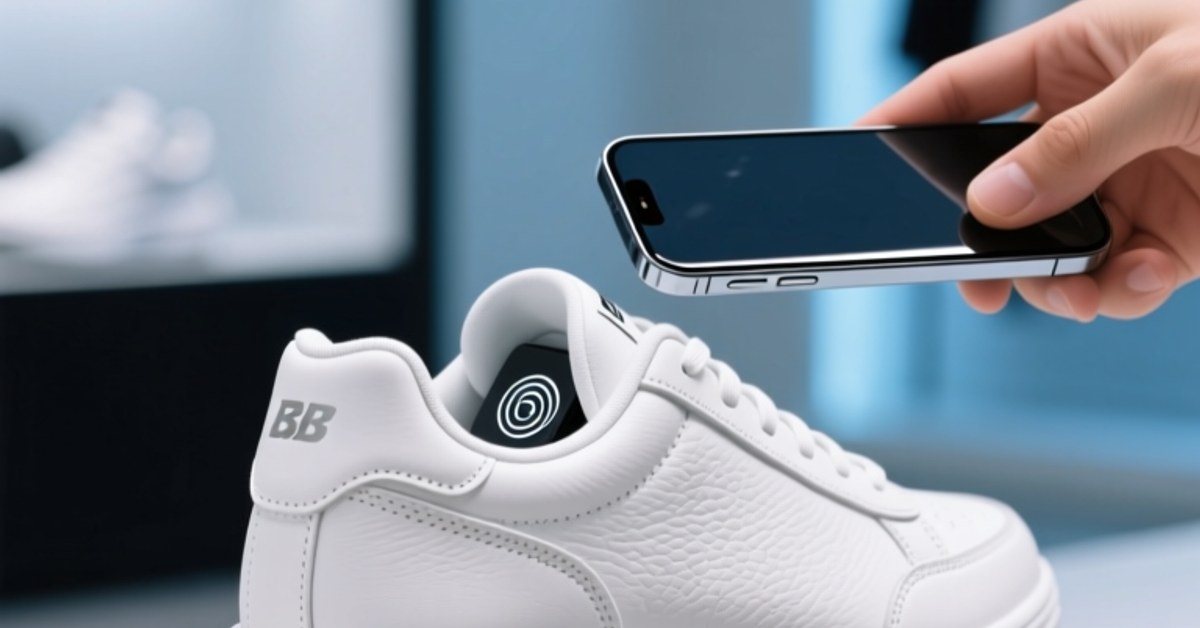 Close-up of a sneaker with NFC authentication tag being scanned by a smartphone for resale verification, modern studio setting
