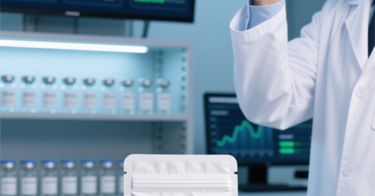 NFC pharmaceutical traceability concept with medicine package and smartphone verification in modern lab
