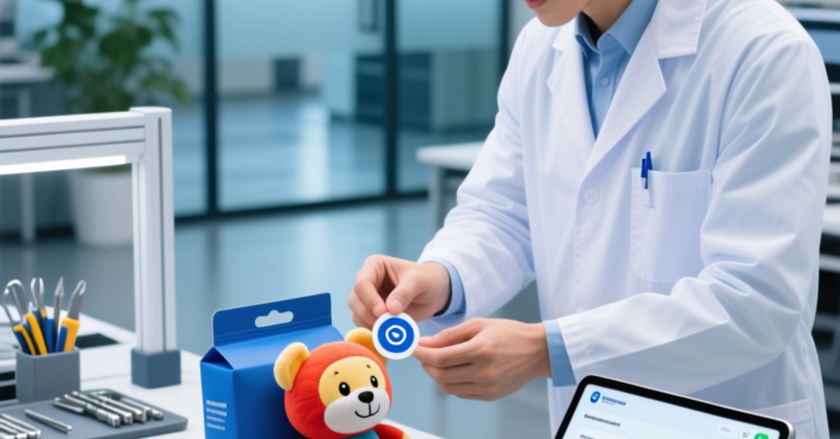 NFC digital produktpasmærke på legetøNavigering med GPSR og sikkerhedsoverholdelserholdelse NFC digital product passport tag on toy packaging for EU GPSR safety compliance