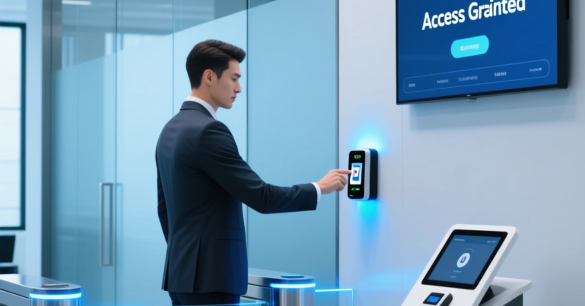 NFC-Mitarbeiterausweisen Modernisierung des ArbeitsplatzzugangsesIdentität und alltägliche AbläufeBadge auf ein Zutrittslesegerät im Büro Employee tapping an NFC smart badge on an office access reader at a modern corporate turnstile
