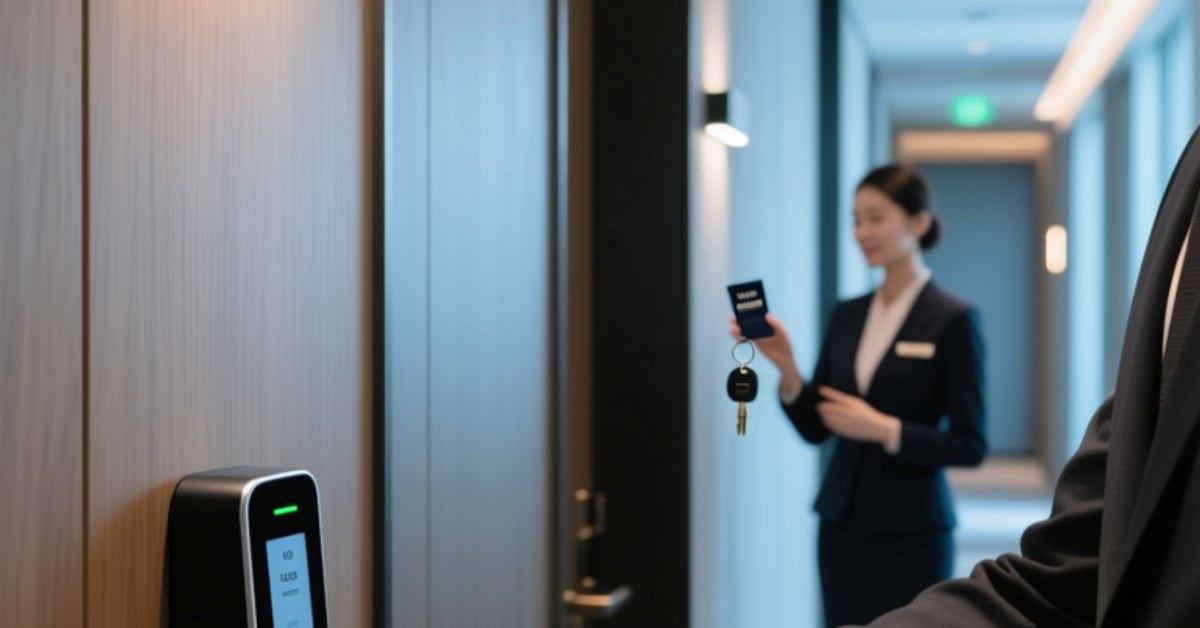 כרטיס מפתח מלון NFC וצמיד אתר נופש בדלת חדר המלון המודרני עם קורא גישה דיגיטלי