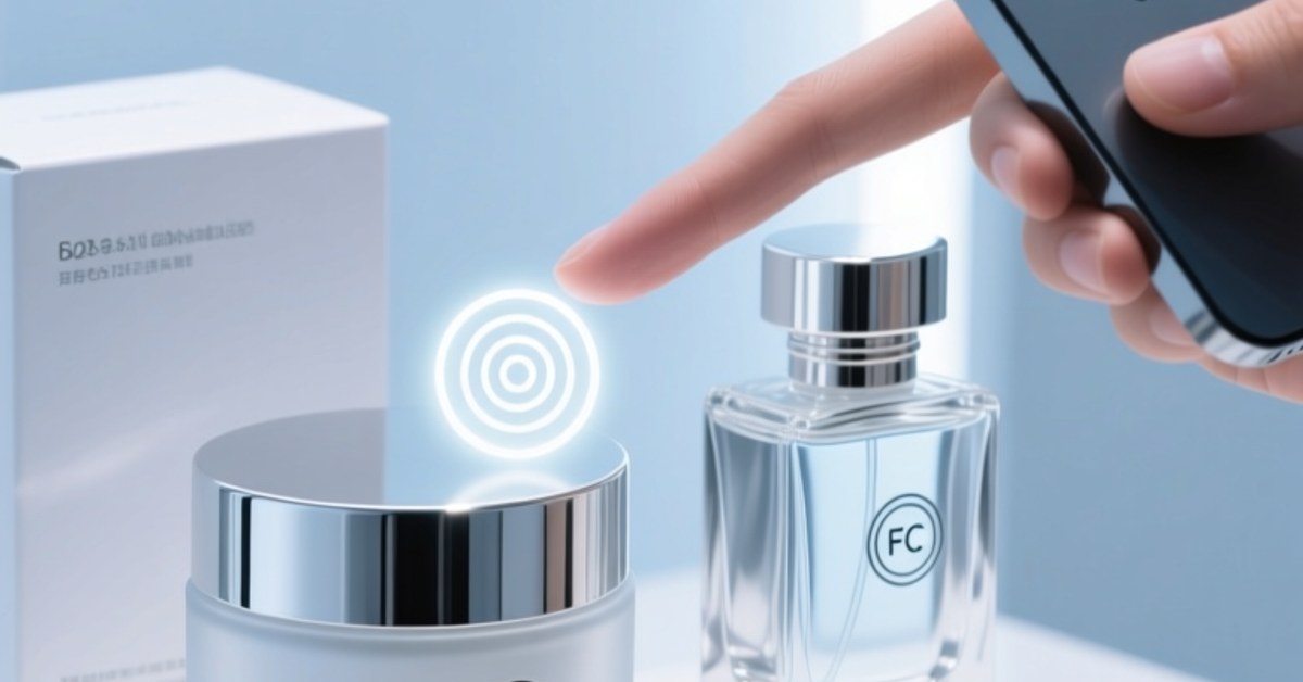 NFC anti-counterfeiting tag on premium cosmetic container with smartphone verification
