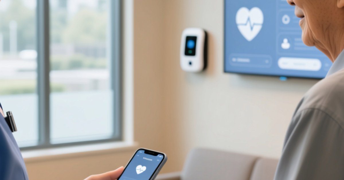 NFC wearable wristband of a resident scanned by caregiver smartphone in an assisted living facility