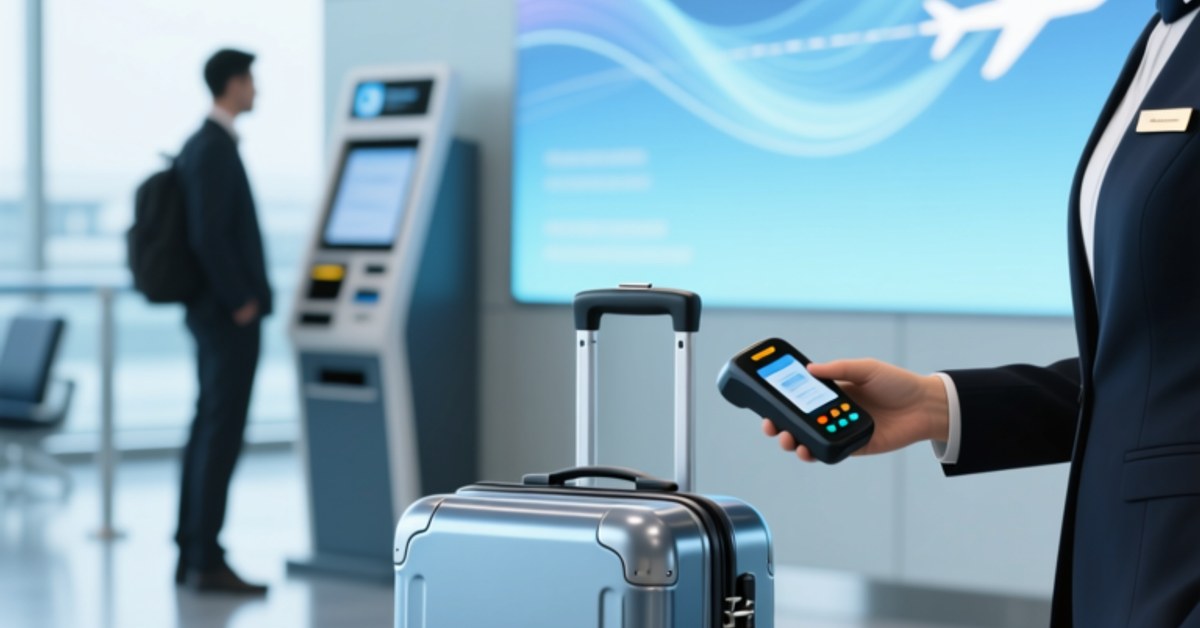 Airline agent scanning an NFC smart luggage tag at the airport bag drop counter
