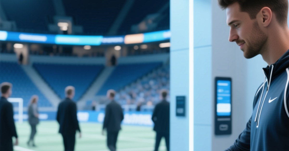 Fan tapping NFC wristband on stadium turnstile reader at modern sports arena
