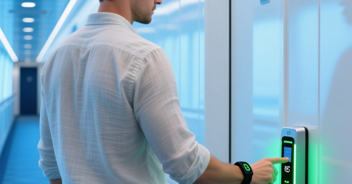 Passenger tapping an NFC cruise ship wristband on cabin door reader