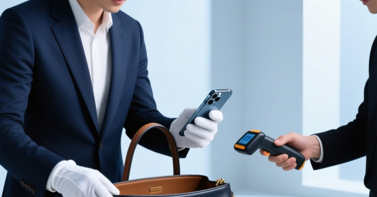 Luxury handbag with embedded NFC tag verified by an authenticator using a smartphone in a bright workshop
