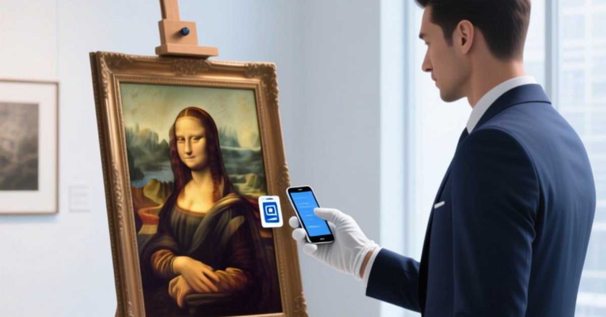 Curator verifying a painting's NFC tag and digital provenance certificate with an NFC-enabled smartphone in a gallery conservation room