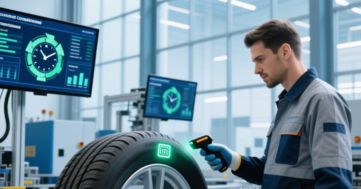 Tyre digital product passport NFC tag embedded in sidewall read by technician using NFC scanner